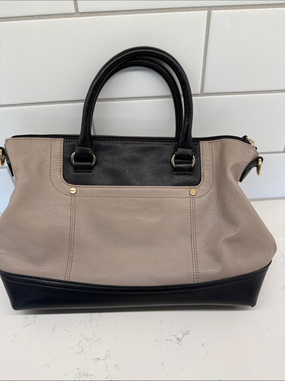 Tignanello Two-Tone Black & Taupe Leather Satchel removable crossbody strap